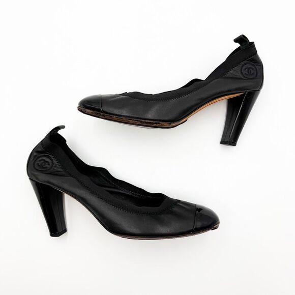 Chanel CC Logo Cap Toe Elastic Pumps Black Leather Heels EU 41.5 - Picture 6 of 12